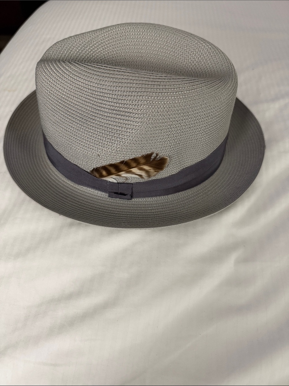 Light Gray Straw Trilby with Feather Band
